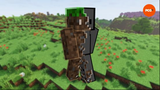 A Minecraft skin with half a non-descript, grey body and half a grass-block body.