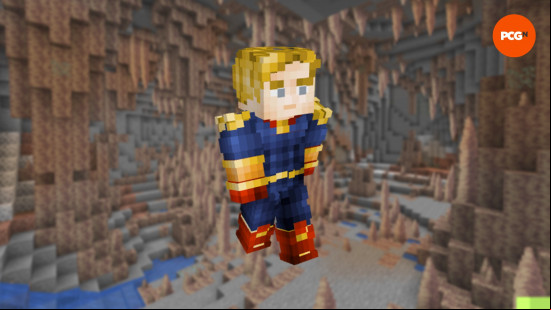 A Homelander Minecraft skin on the backdrop of a Dripstone cave.