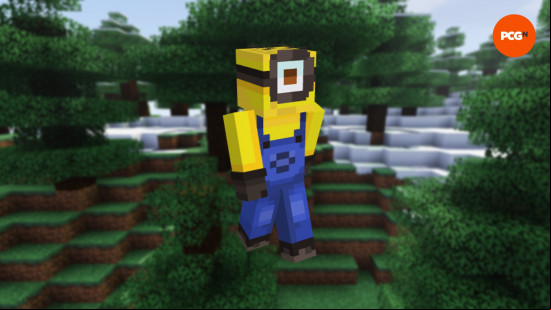 A Minion Minecraft skin on the backdrop of a snowy biome.