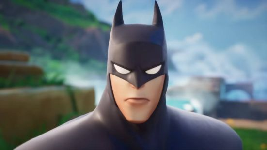 Multiversus voice actors: Batman is scowling down the camera lens.