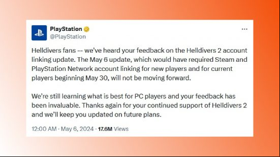 Helldivers 2 receives positive Steam reviews after  linking backtrack: A post on X from PlayStation describing a change in Helldivers 2's  linking policy.