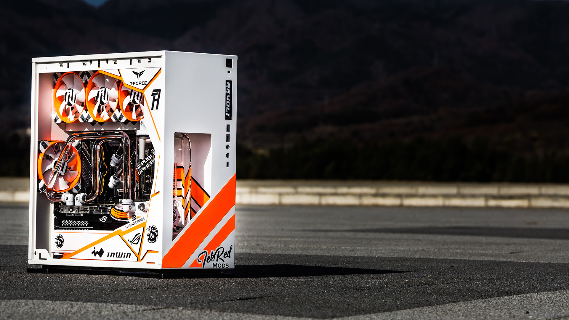 The Revolt gaming PC on concrete outside