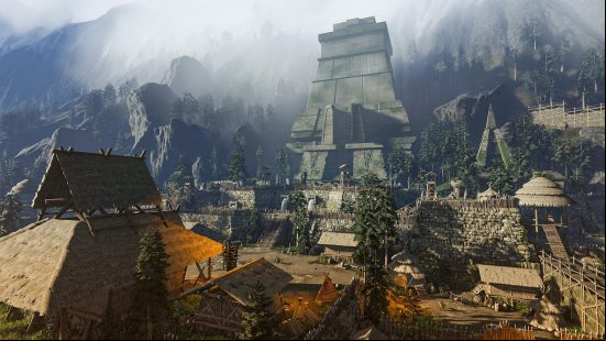 A huge Mayan temple stands above a small village in Soulmask.
