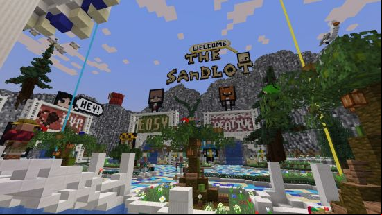 A view of the welcome area in The Sandlot, one of the best Minecraft servers, showing PvP, easy mode, and creative mode portals.