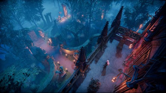 A vampire from V Rising looks out from their gothic balcony at the lands below.