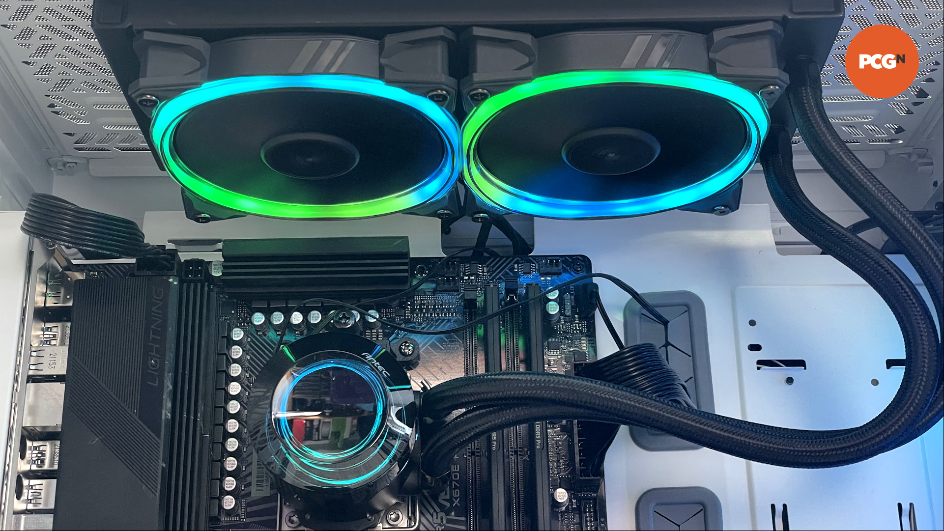 The Antex Vortex 240 ARGB AIO cooler installed in a PC with blue RGB lights