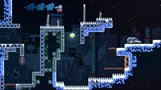 Celeste hops around a sequence of spikes in a level of Celeste, one of the platform games.