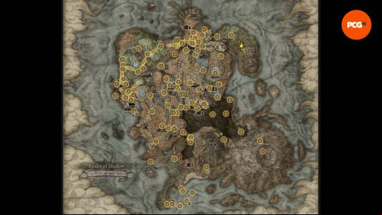 Elden Ring map: the Realm of Shadow map from Shadow of the Erdtree with many of the Sites of Grace found.