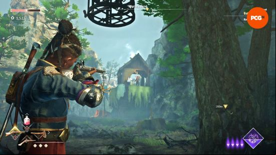Flintlock The Siege of Dawn preview: Nor takes aim at a sniper upon a raised platform in an enemy camp.