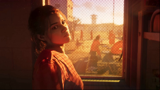 GTA 6 release date: Lucia leans against the window of her prison cell and turns to look at the viewer.