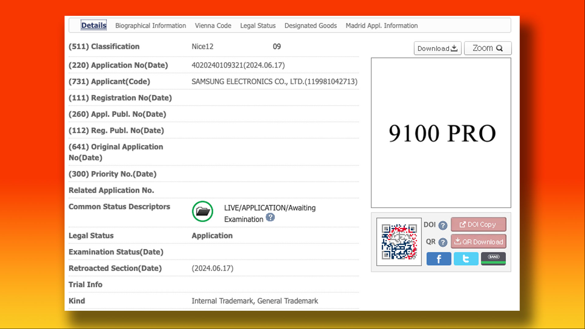 Samsung 9100 Pro SSD trademark application
