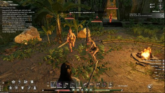 A woman charges the player character of Soulmask with a terrifyingly jagged sword in Soulmask.