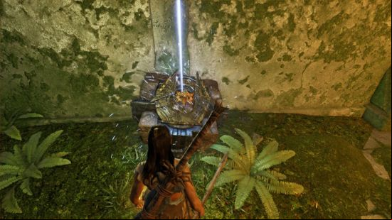 A futuristic yet ancient shrine within some overgrown ruins is activated, sending a bright beam of energy upwards.