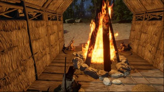 Three  of an ancient Mayan clan sit on their grass mats around a large bonfire in a thatch building on the beach in Soulmask.