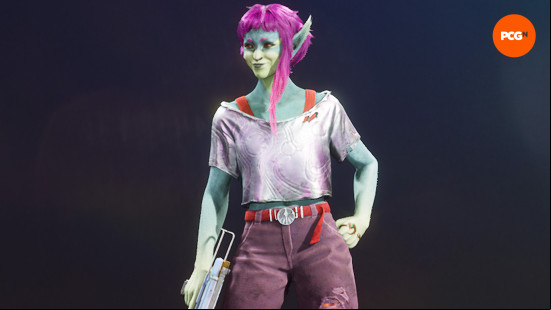 Concord characters: a quirky-looking alien woman with purple hair and blue skin