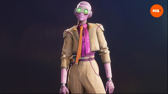 Concord characters: a purple-pink alien wearing a beige suit and orange tie