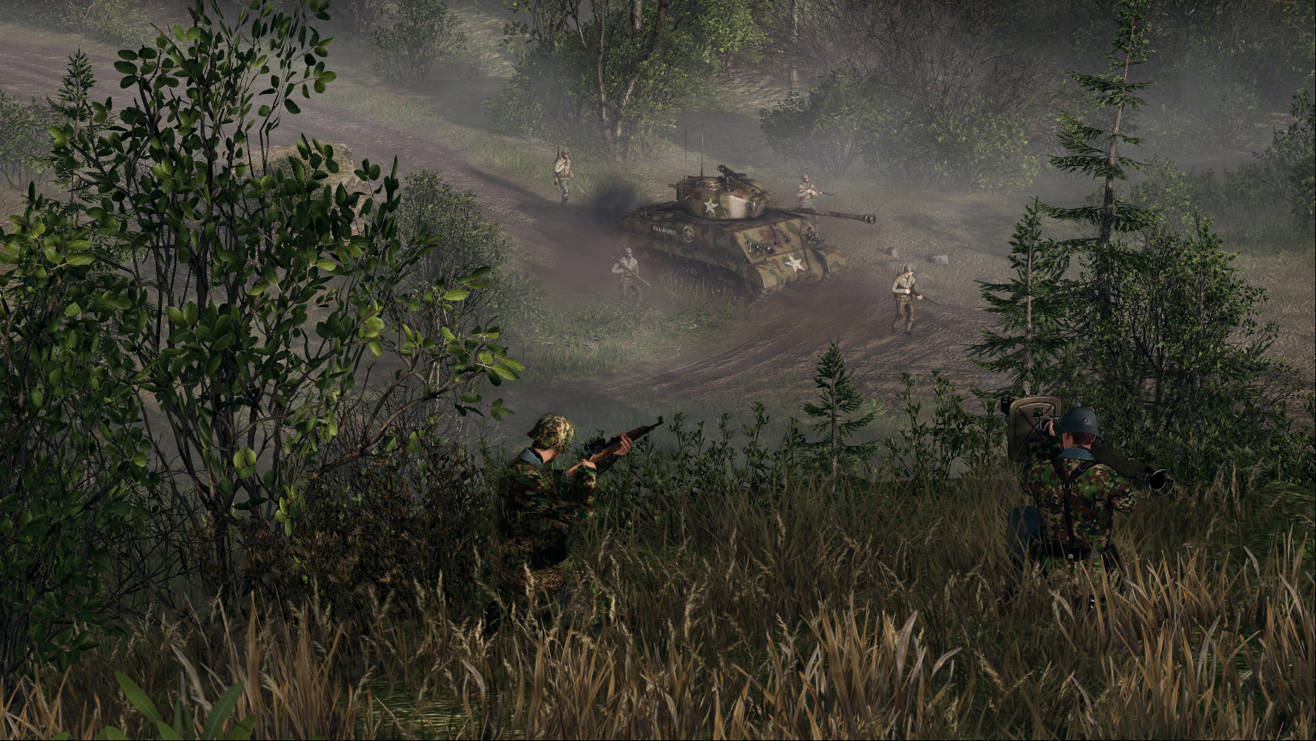 A soldier overlooks a battle between a tank and infantry in men of war 2