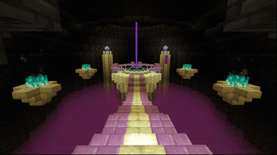 A beautiful End Portal room Minecraft build, with a purple glass floor and stairway leading to the portal.