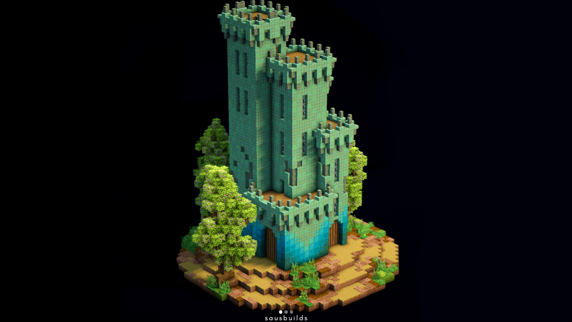 A green and aqua Minecraft castle.