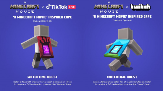 Two Minecraft capes celebrating the release of The Minecraft Movie.