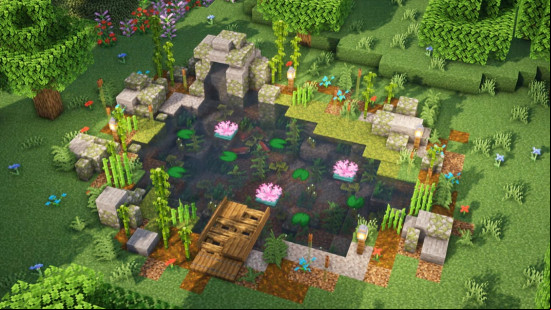 A rustic Minecraft pond with pink flowers and plants growing all around.