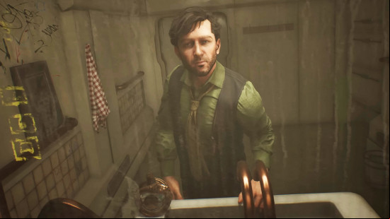Nobody Wants to Die review: a man in a green shirt and tie staring into a bathroom mirror