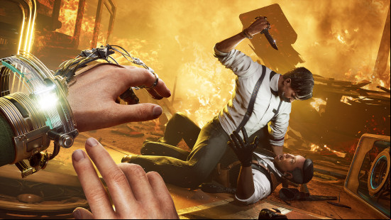 Nobody Wants to Die review: a man with a knife about to stab someone on the floor