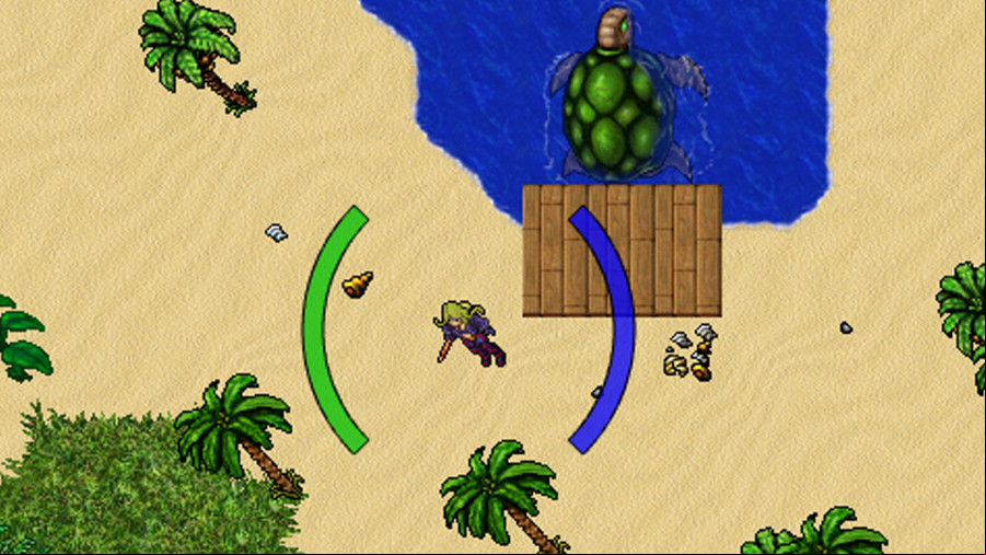 A character stands near a giant turtle in a desert area.