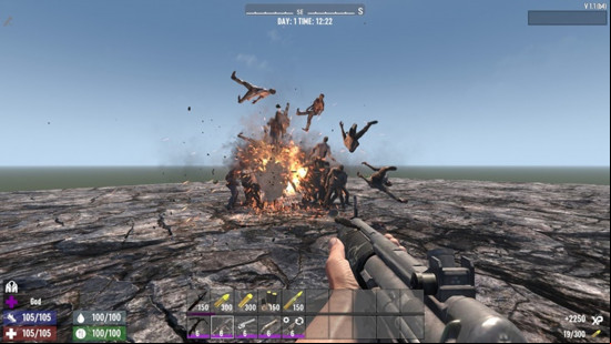 A group of zombies fly through the air above an explosion thanks to Knightlock's WMDs, one of the best 7 Days to Die mods.
