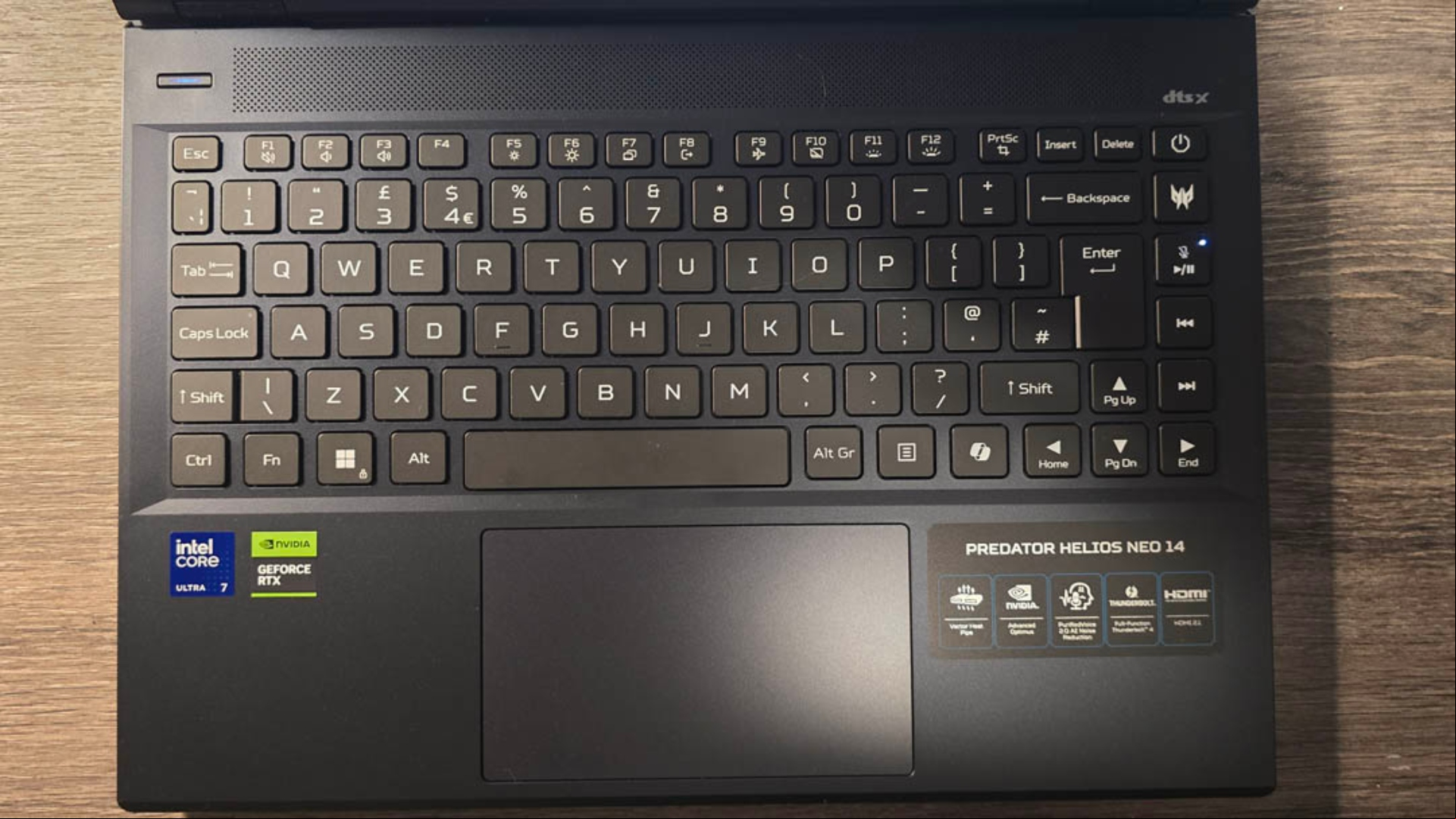 Acer Predator Helios Neo 14 review image showing the laptop's keyboard.