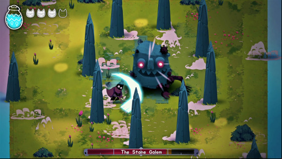 Crypt Custodian: Black cat Pluto swings his broom at a stone golem in one of the best Metroidvania games.