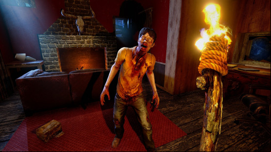 The player holds a flaming torch towards an approaching zombie in 7 Days to Die, one of the best building games on PC.