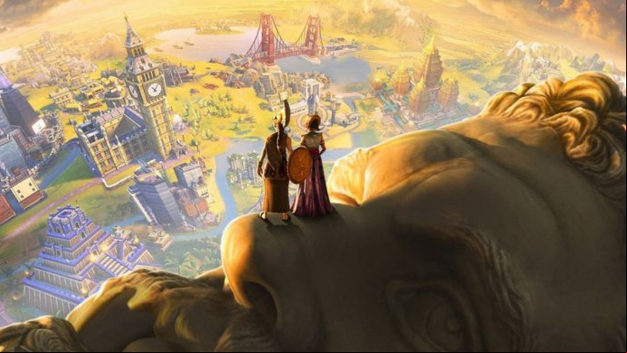 Two characters look over a budding civilization.