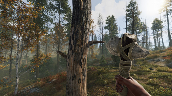A player holds an axe up to a tree trunk is Rust, one of the best games like Minecraft.