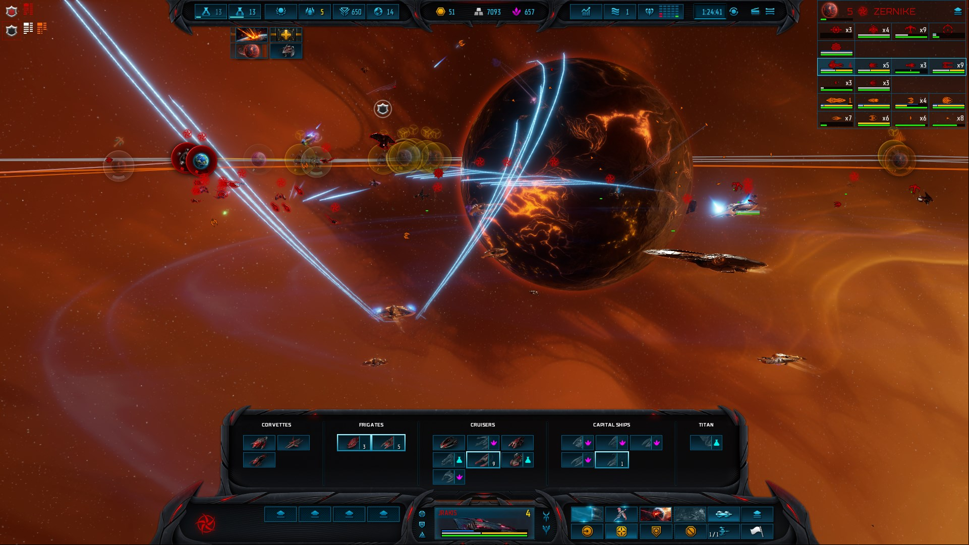 Sins of a Solar Empire 2 review: A space battle over a Volcanic world. One ship fires off a volley of missiles with blue trails. The ship-building UI is open in the bottom part of the screenshot.