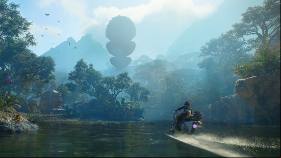 Star Wars Outlaws speeder: a person riding a hover bike across a shallow lake.
