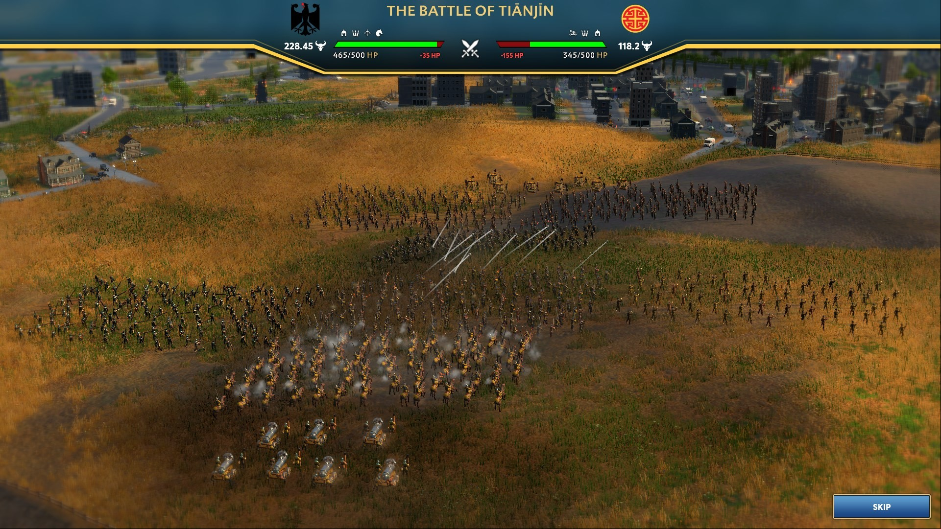 Ara History Untold review: An example of Ara's cinematic battles, between German and Chinese forces. The majority of the screenshot is taken up by two armies attacking each other. At the top, a battle UI shows HP loses on both sides as well as each army's strength.