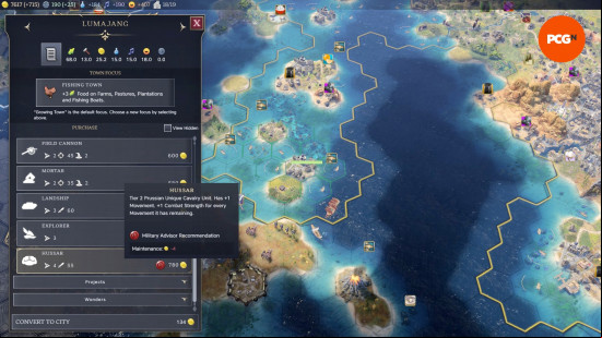 A player goes to train a Hussar, one of the unique military units in Prussia, one of the best Civilization 7 civs.