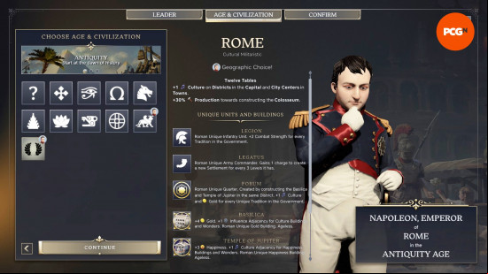 The stats page for Rome, one of the best Civilization 7 Civs.