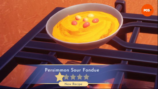 Dreamlight Valley Storybook Vale recipes: A yellow dish called Persimmon Sour Fondue.