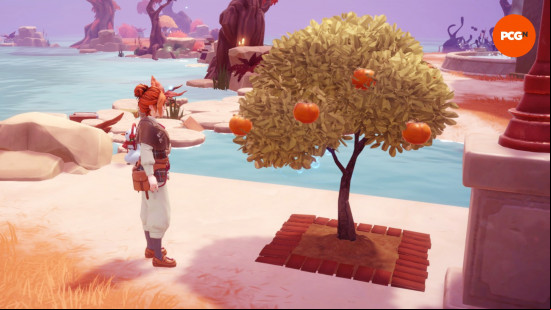 Dreamlight Valley Storybook Vale recipes: A player stand at a persimmon tree.