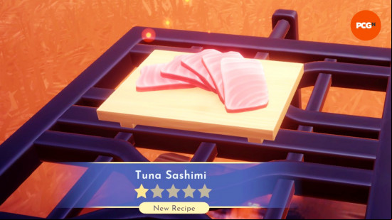 Dreamlight Valley Storybook Vale recipes: slices of tuna sashimi on a board.