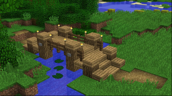 A small Minecraft bridge made from oak wood and torches.