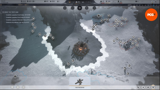 Frostpunk 2 tips: A top-down view of a new colony, showing various areas for excavating different materials.