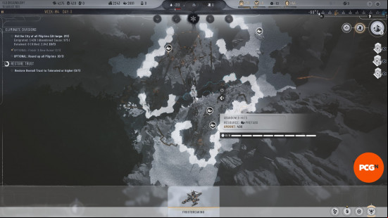 Frostpunk 2 tips: A top down view of the map shows an area for extracting prefabs.