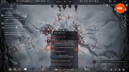 A black box shows the Frostpunk 2 trust level as reviled, and shows ways in which it is impacted.