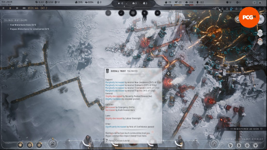A white box shows the Frostpunk 2 trust level as tolerated, and shows ways in which it is impacted.