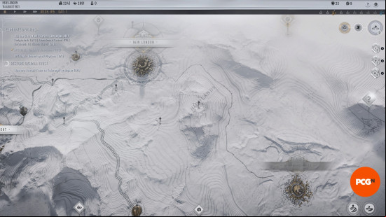 A top-down screenshot of the Frostpunk 2 map showing the location of Windward Moor in relation to New London.