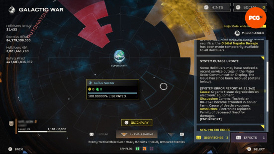 Helldivers 2 Illuminate: a screenshot of the Helldivers 2 galactic map alongside a message about a "service outage"