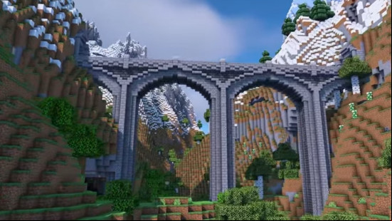 A large Minecraft stone bridge made of multiple arches.